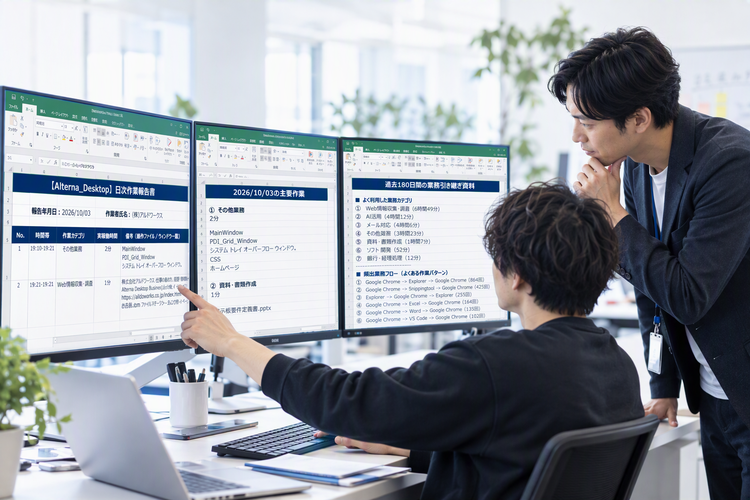 作業履歴を見ながら進捗を確認する場面
